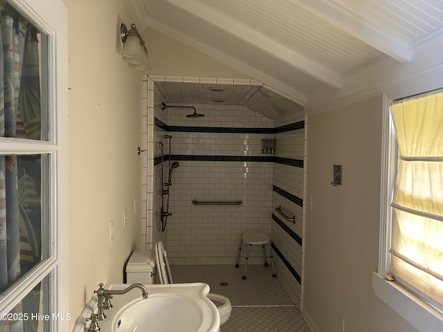 106 W Barrett St, Carthage, NC 28327 - full bath with toilet, a shower stall, a sink, beam ceiling, and tile patterned floors