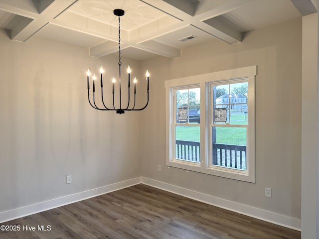108 Woodford Ln, Vass, NC 28394 - unfurnished dining area featuring coffered ceiling, dark wood-style floors, baseboards, a chandelier, and beamed ceiling