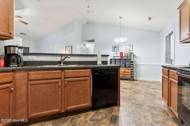 213 Lockwood Ct, Hubert, NC 28539 - kitchen with black appliances, a sink, vaulted ceiling, ceiling fan, and a chandelier