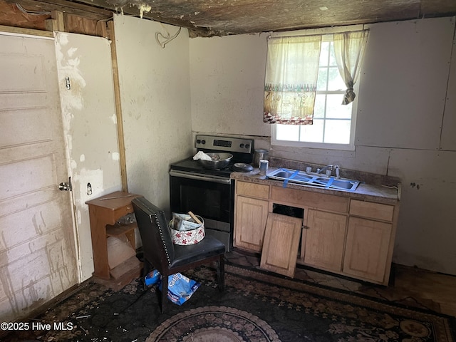 512 Walton Ln, Tyner, NC 27980 - kitchen featuring stainless steel electric range oven, a sink, and light brown cabinets