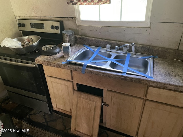 512 Walton Ln, Tyner, NC 27980 - kitchen featuring stainless steel electric stove, a sink, and light brown cabinetry