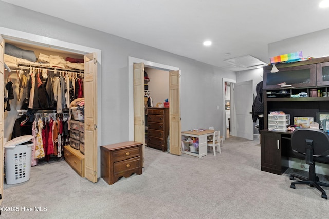 406 Walnut St, Elizabeth City, NC 27909 - office area featuring carpet flooring, attic access, and recessed lighting