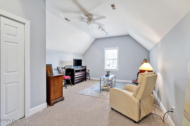 3212 Wexford Way, Southport, NC 28461 - carpeted home office featuring vaulted ceiling, a ceiling fan, and rail lighting