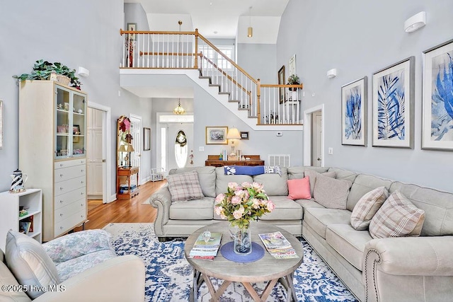 3212 Wexford Way, Southport, NC 28461 - living room featuring a high ceiling, stairs, and wood finished floors