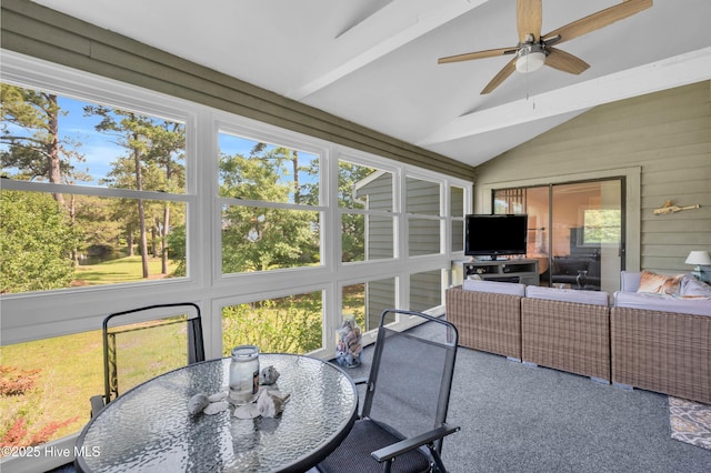 728 Azalea Dr Unit 426, Hampstead, NC 28443 - sunroom / solarium with vaulted ceiling, outdoor dining space, ceiling fan, an outdoor hangout area, and carpet