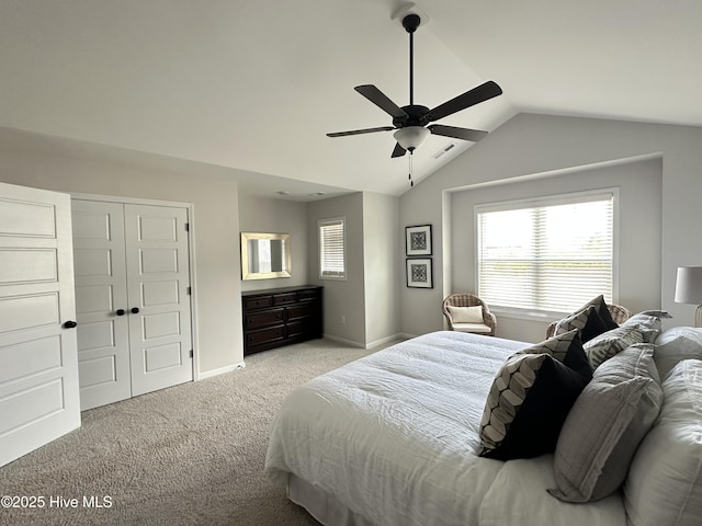 8288 Paramount Pt, Winnabow, NC 28479 - carpeted bedroom featuring vaulted ceiling, baseboards, and a ceiling fan