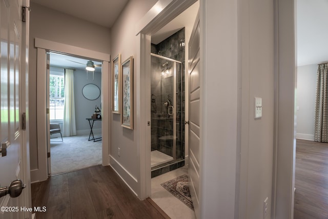 1004 Fawn Valley Way, Wilmington, NC 28409 - bathroom with a shower stall, baseboards, ceiling fan, and wood finished floors