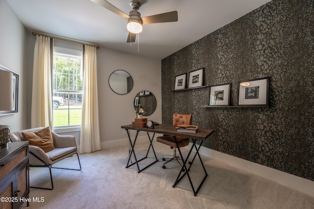 1004 Fawn Valley Way, Wilmington, NC 28409 - home office featuring light carpet, ceiling fan, an accent wall, and baseboards