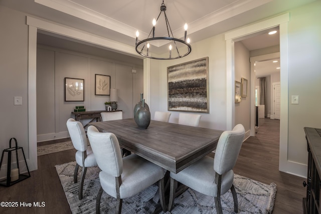 1004 Fawn Valley Way, Wilmington, NC 28409 - dining room with a chandelier, dark wood-style flooring, baseboards, crown molding, and recessed lighting