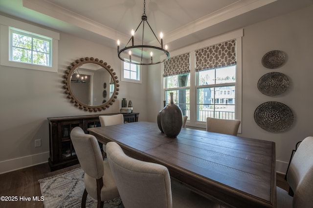 1004 Fawn Valley Way, Wilmington, NC 28409 - dining area featuring a chandelier, plenty of natural light, baseboards, dark wood-style flooring, and ornamental molding