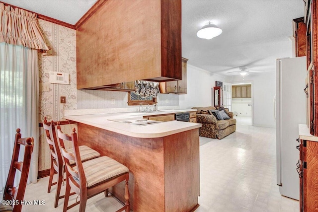 102 Trollingwood Dr, Goldsboro, NC 27534 - kitchen with white appliances, ceiling fan, crown molding, light floors, and light countertops