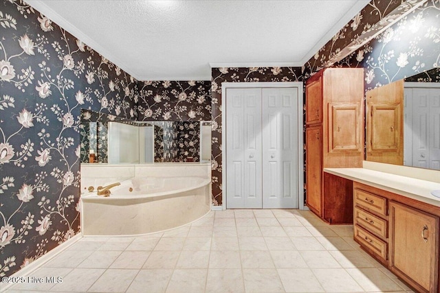 102 Trollingwood Dr, Goldsboro, NC 27534 - bathroom featuring crown molding, a bath, a textured ceiling, vanity, and wallpapered walls