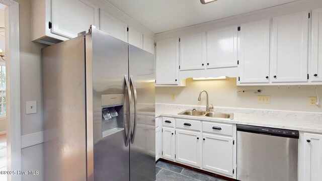 165 Sandhurst Pl, Southern Pines, NC 28387 - kitchen featuring appliances with stainless steel finishes, a sink, dark tile patterned floors, and white cabinetry