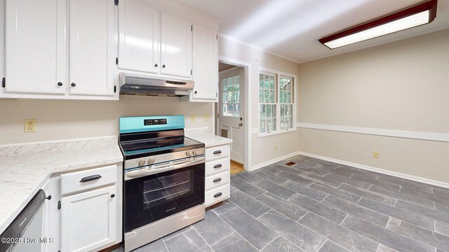 165 Sandhurst Pl, Southern Pines, NC 28387 - kitchen featuring stainless steel appliances, under cabinet range hood, white cabinets, crown molding, and light stone countertops