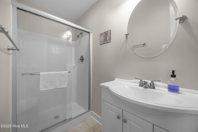 4248 Island Dr, North Topsail Beach, NC 28460 - bathroom featuring vanity, a shower stall, and tile patterned floors