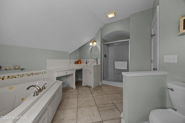 4248 Island Dr, North Topsail Beach, NC 28460 - full bathroom featuring lofted ceiling, a shower stall, a jetted tub, vanity, and toilet
