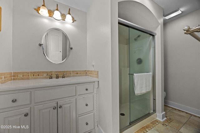 4248 Island Dr, North Topsail Beach, NC 28460 - bathroom featuring a stall shower, vanity, toilet, and baseboards