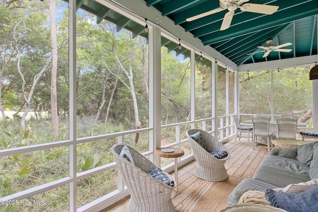 19 Sabal Palm Trl, Bald Head Island, NC 28461 - sunroom / solarium featuring ceiling fan and view of scattered trees