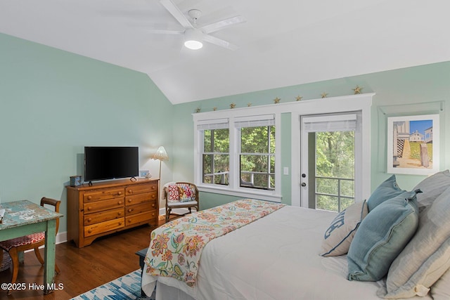 19 Sabal Palm Trl, Bald Head Island, NC 28461 - bedroom with access to outside, wood finished floors, a ceiling fan, and lofted ceiling
