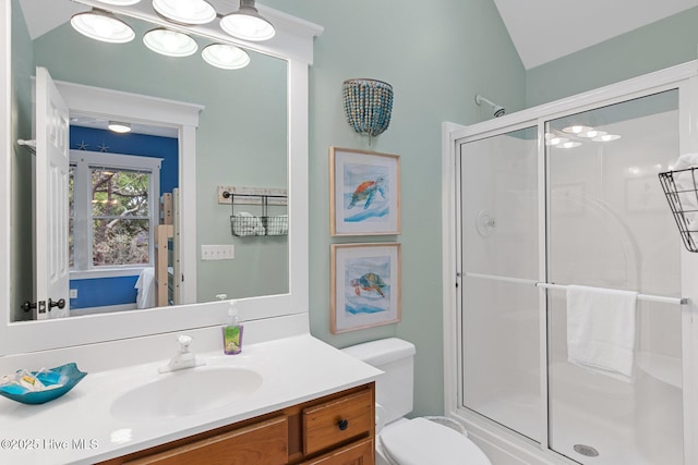 19 Sabal Palm Trl, Bald Head Island, NC 28461 - full bathroom with a shower stall, vanity, and lofted ceiling