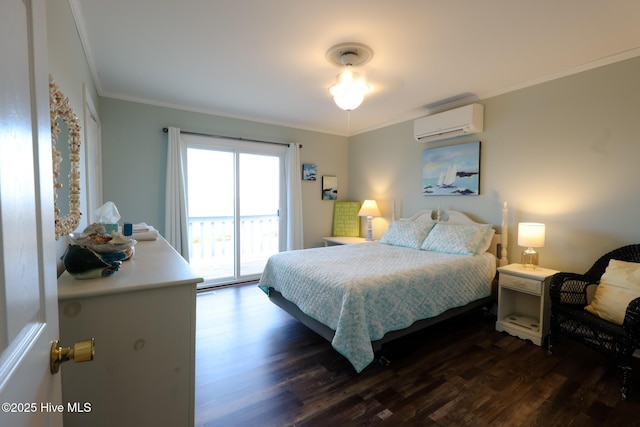1116 E Ft Macon Rd, Atlantic Beach, NC 28512 - bedroom featuring a wall mounted air conditioner, dark wood finished floors, access to exterior, and crown molding