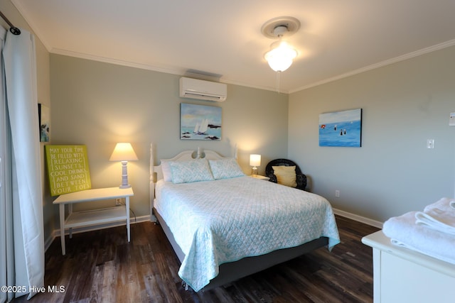 1116 E Ft Macon Rd, Atlantic Beach, NC 28512 - bedroom featuring a wall unit AC, ornamental molding, baseboards, and wood finished floors