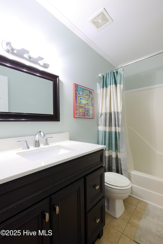 1116 E Ft Macon Rd, Atlantic Beach, NC 28512 - bathroom with vanity, tile patterned floors, ornamental molding, toilet, and shower / bathtub combination with curtain