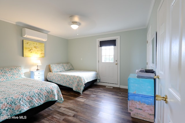 1116 E Ft Macon Rd, Atlantic Beach, NC 28512 - bedroom with an AC wall unit, ornamental molding, dark wood-type flooring, baseboards, and a ceiling fan