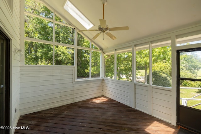 304 Lord Granville Dr, Morehead City, NC 28557 - unfurnished sunroom featuring ceiling fan, vaulted ceiling, and a skylight