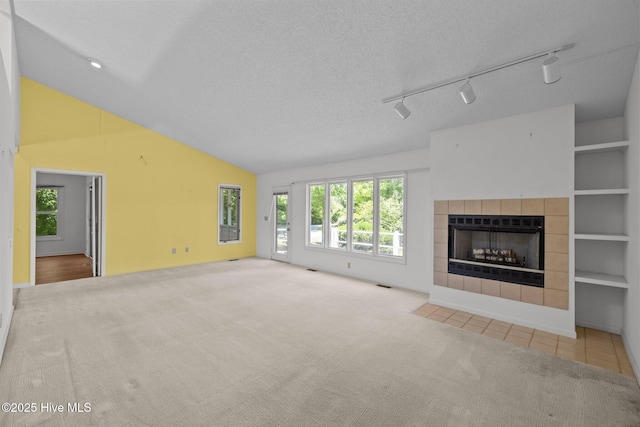 304 Lord Granville Dr, Morehead City, NC 28557 - unfurnished living room with carpet flooring, a fireplace, vaulted ceiling, and track lighting