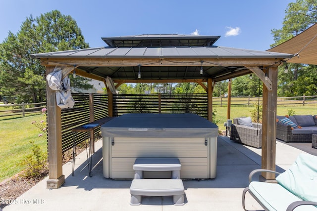 111 Pinelands Vis, Jackson Springs, NC 27281 - view of patio with a hot tub, a gazebo, and an outdoor living space