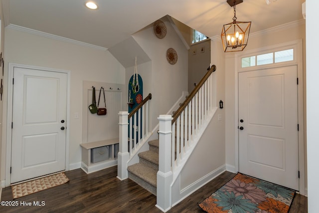 111 Pinelands Vis, Jackson Springs, NC 27281 - foyer entrance featuring baseboards, dark wood-type flooring, crown molding, a chandelier, and recessed lighting