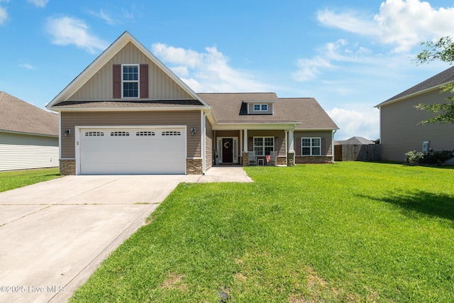 3412 Lefringhouse Ln, New Bern, NC 28562 - craftsman house with board and batten siding, a porch, driveway, stone siding, and an attached garage