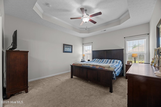 3412 Lefringhouse Ln, New Bern, NC 28562 - bedroom featuring crown molding, a tray ceiling, a textured ceiling, multiple windows, and light colored carpet