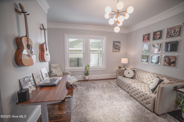 1309 N Pasteur St, New Bern, NC 28560 - living area with wood finished floors, a chandelier, and ornamental molding