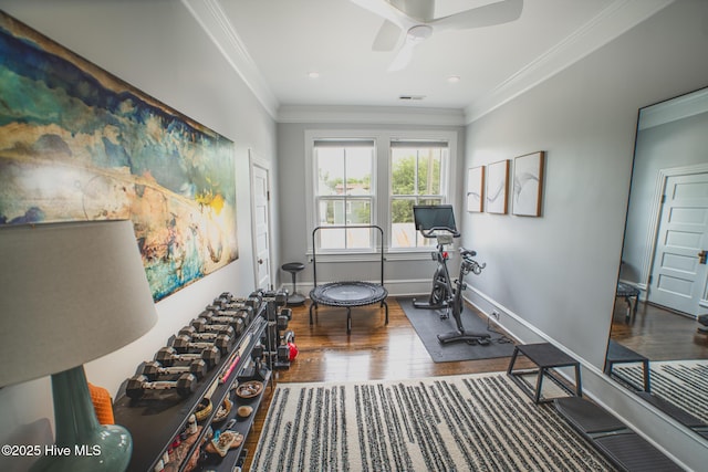 1309 N Pasteur St, New Bern, NC 28560 - exercise room with hardwood / wood-style flooring, ceiling fan, ornamental molding, and recessed lighting