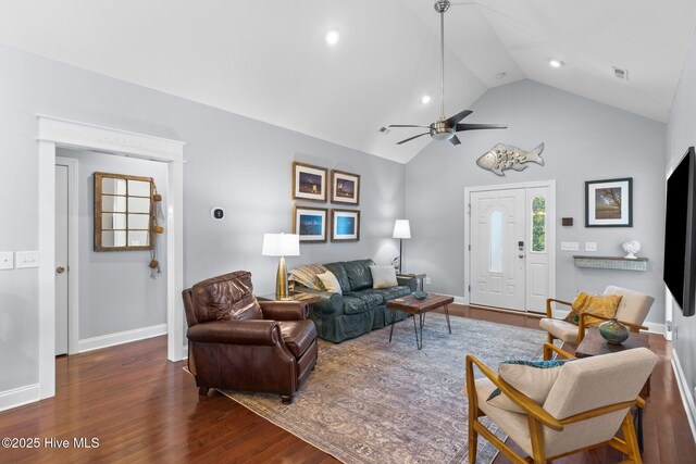 124 NE 35th St, Oak Island, NC 28465 - living room featuring wood finished floors, baseboards, high vaulted ceiling, ceiling fan, and recessed lighting