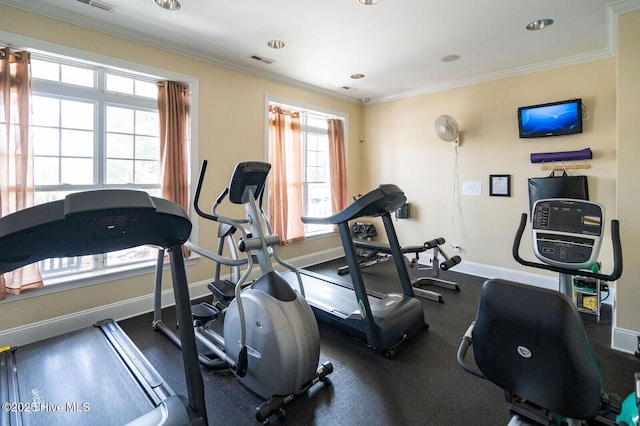 7000 Sevilleen Dr SW, Ocean Isle Beach, NC 28469 - workout area featuring baseboards, crown molding, and recessed lighting
