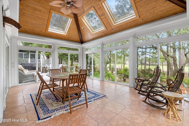 3193 Wexford Way, Southport, NC 28461 - sunroom / solarium featuring a skylight, wooden ceiling, plenty of natural light, and high vaulted ceiling