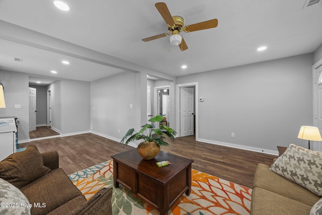 10378 Neuse Rd, Grantsboro, NC 28529 - living room with ceiling fan, wood finished floors, baseboards, and recessed lighting