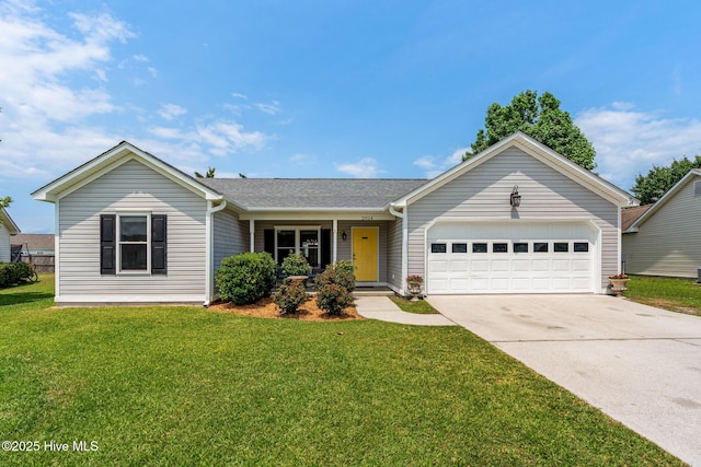2824 Sapling Cir, Wilmington, NC 28411 - ranch-style home with a garage, concrete driveway, a front yard, and roof with shingles