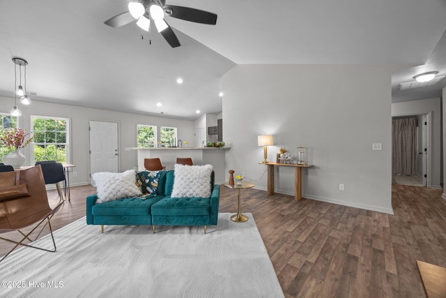 301 Haws Run Rd, Jacksonville, NC 28540 - living area with wood finished floors, a ceiling fan, lofted ceiling, and baseboards