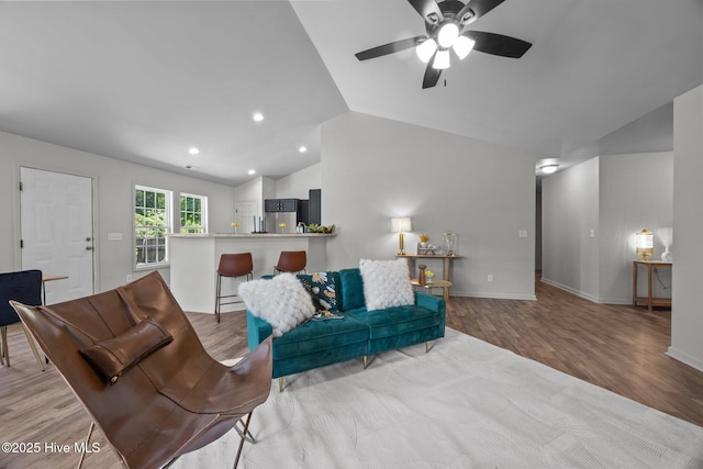 301 Haws Run Rd, Jacksonville, NC 28540 - living room featuring vaulted ceiling, wood finished floors, ceiling fan, recessed lighting, and baseboards