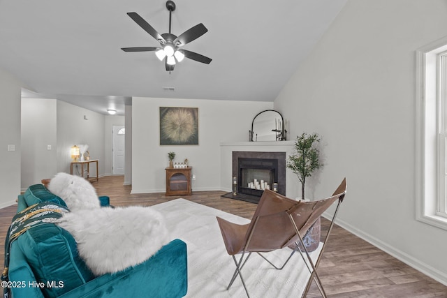 301 Haws Run Rd, Jacksonville, NC 28540 - living area with wood finished floors, ceiling fan, a fireplace, and baseboards