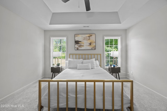 301 Haws Run Rd, Jacksonville, NC 28540 - carpeted bedroom with a tray ceiling, baseboards, and ceiling fan