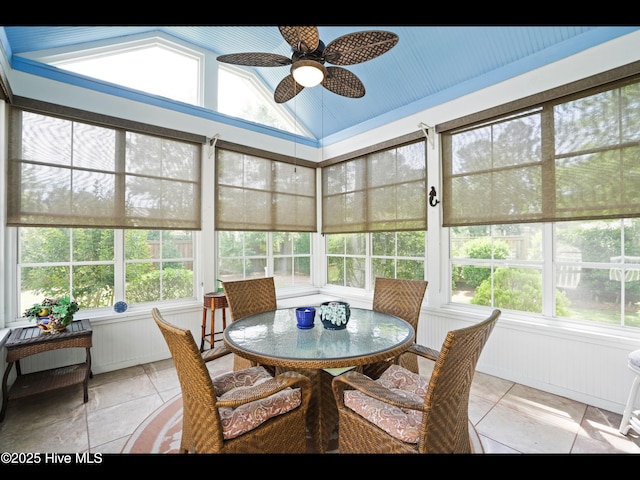 1133 Grandiflora Dr, Leland, NC 28451 - sunroom featuring a ceiling fan, lofted ceiling, and outdoor dining space