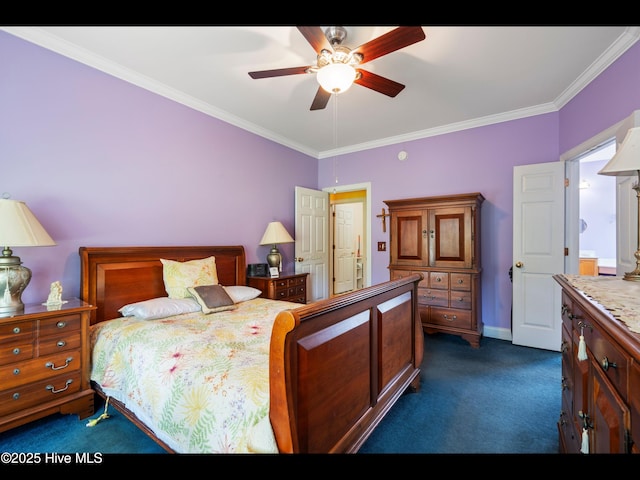 1133 Grandiflora Dr, Leland, NC 28451 - bedroom with dark carpet, ornamental molding, baseboards, and ceiling fan