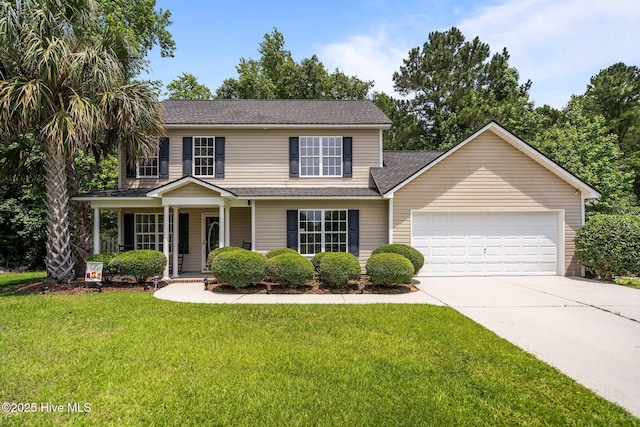 100 Hedingham Ct, Wilmington, NC 28412 - traditional-style home with driveway, a garage, a front lawn, covered porch, and roof with shingles