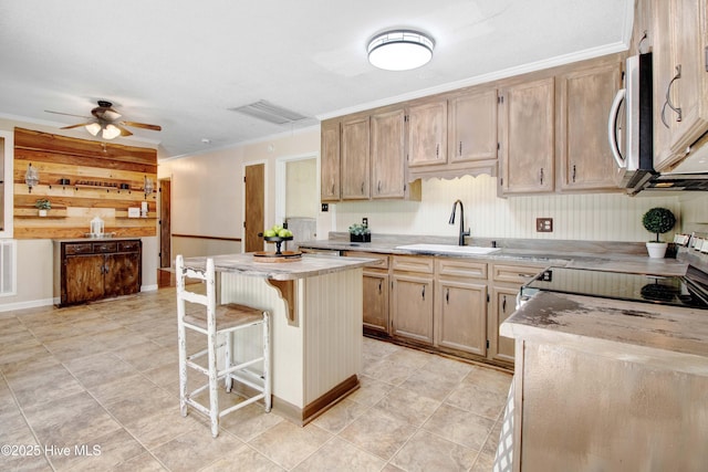 287 Perkins Rd, Goldsboro, NC 27530 - kitchen with a sink, ceiling fan, a breakfast bar area, stainless steel appliances, and a kitchen island