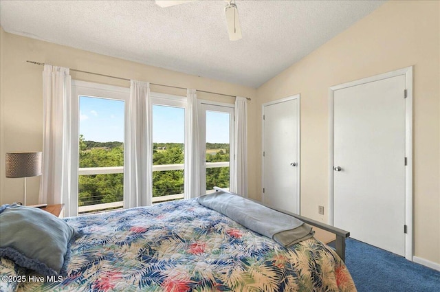 256 Brunswick Ave W Unit A, Holden Beach, NC 28462 - carpeted bedroom with multiple windows, vaulted ceiling, a textured ceiling, and ceiling fan